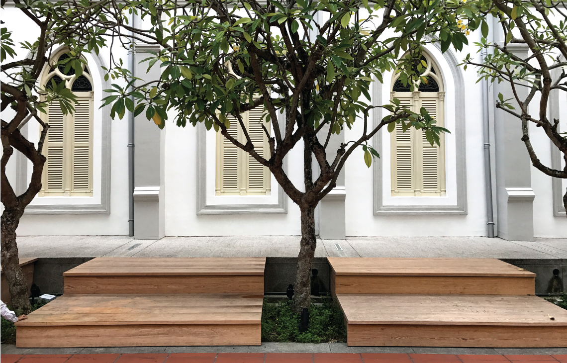 Onewood Timber Outdoor Bench with homogeneous wide planks at Chijmes