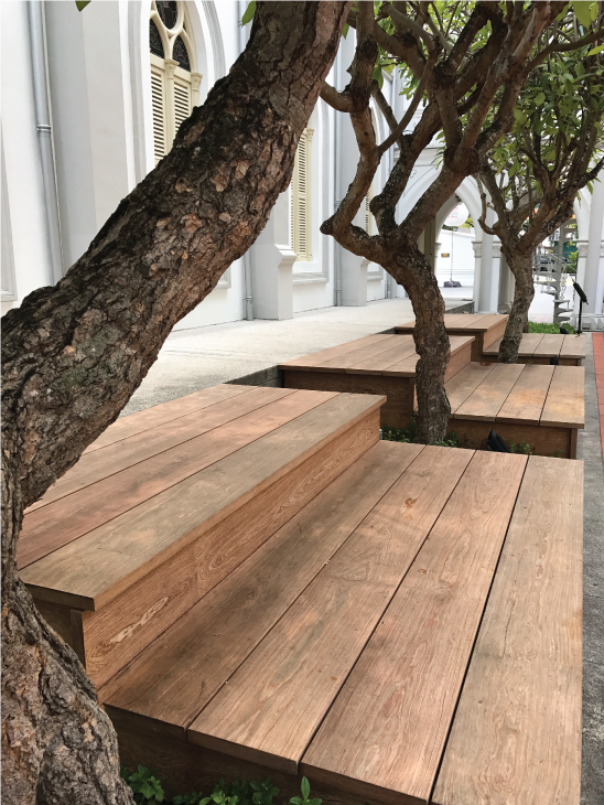 Onewood Timber Outdoor Bench with homogeneous wide planks at Chijmes